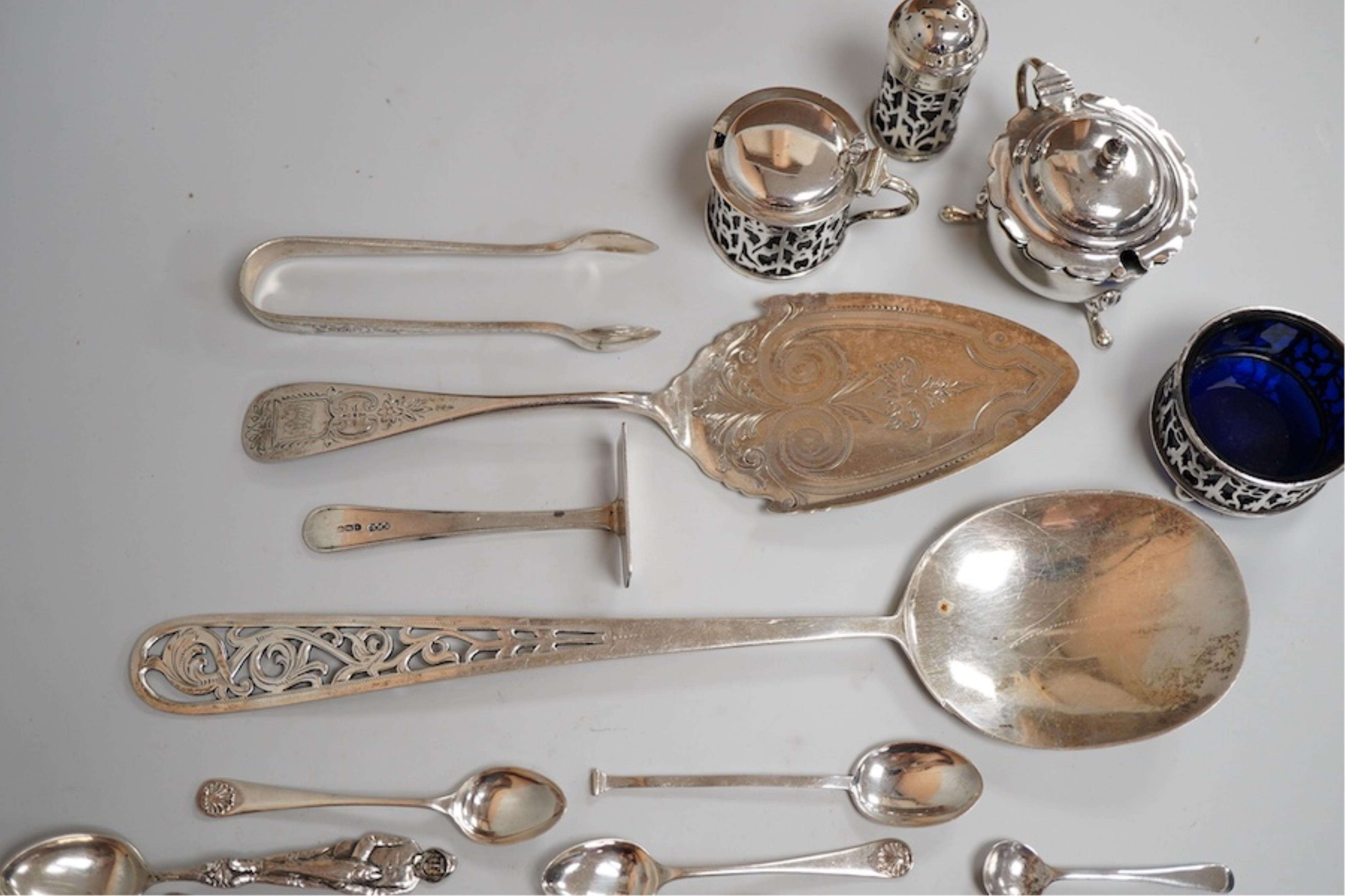 Two silver condiments and two sterling condiments, together with a set of six George V Old English and shell pattern coffee spoons by William Hutton & Sons Ltd, Sheffield, 1933, seven other items of assorted silver flatw